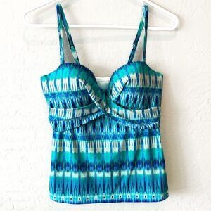 Christina Soma Tankini Swim Top Crossover Bandeau Blue Aqua White Ruched Size 10
